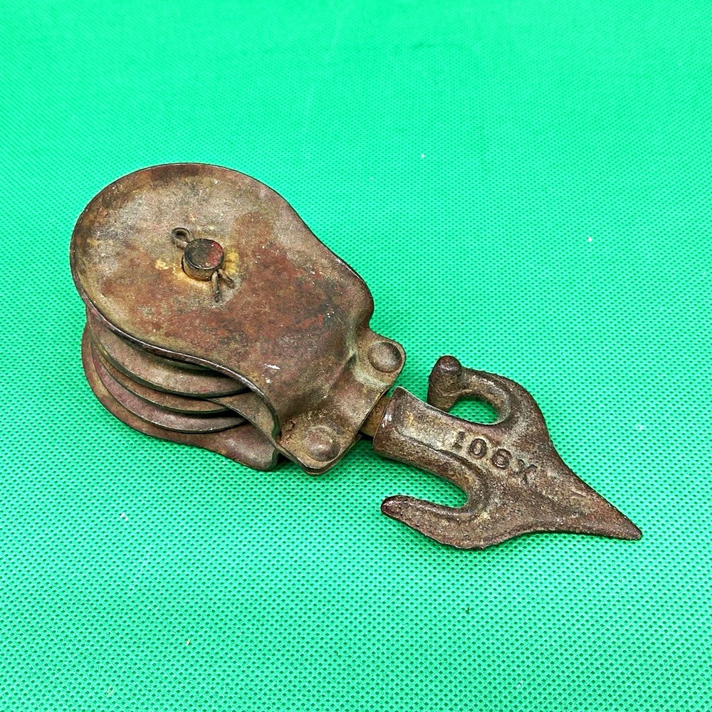 Antique/Vintage Metal Triple-Sheave Pulley Block w/ Hook, Marked 100, Brown